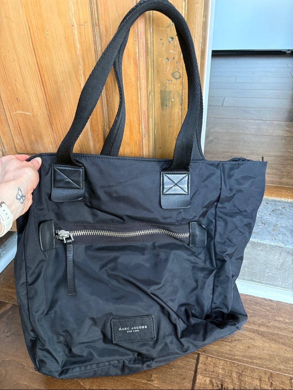 Marc Jacobs Black Nylon Shoulder Tote with Front Zip Pocket